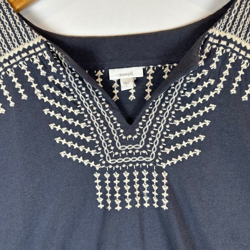 Pure Jill J Jill Embroidered V Neck Top Gray Linen Cotton Blend Women's L - Picture 8 of 12
